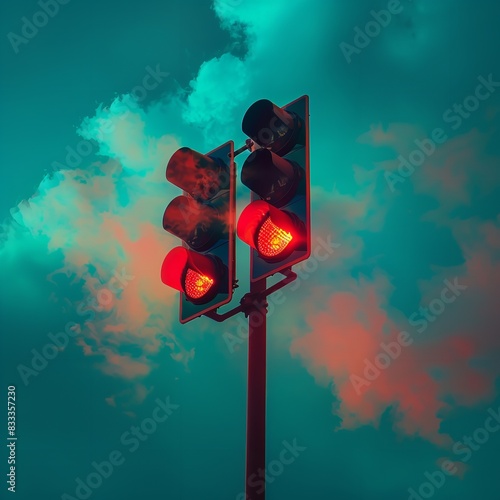 Idea Stop sky blue hue red light traffic background. Generative Ai