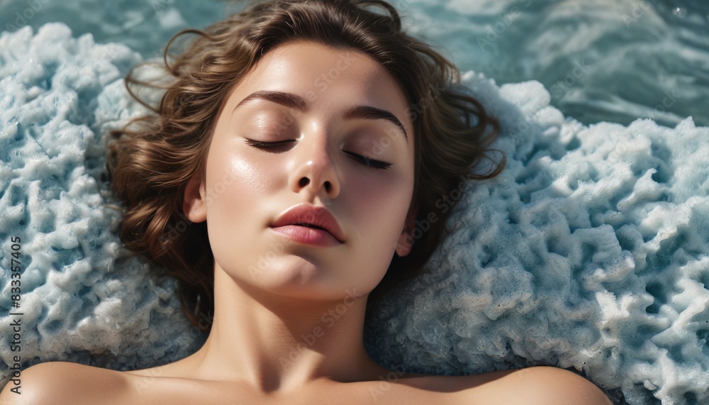 A young beautiful woman sleeps in the waves of the ocean in sea foam. A girl lying on the beach. To advertise a water mattress or bed. Serene sleep, soft bed, dream and fantasy. Rest and relaxation A young beautiful woman sleeps in the waves of the ocean in sea foam. A girl lying on the beach. To advertise a water mattress or bed. Serene sleep, soft bed, dream and fantasy. Rest and relaxation