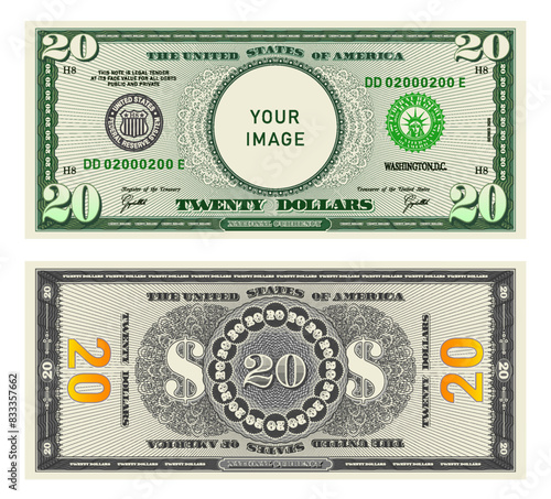 Vector highly detailed fictional beautiful 20 US dollar banknote. Obverse and reverse of American bill with guilloche patterns. Empty circle in center. Sample, your image. Twenty dollars.