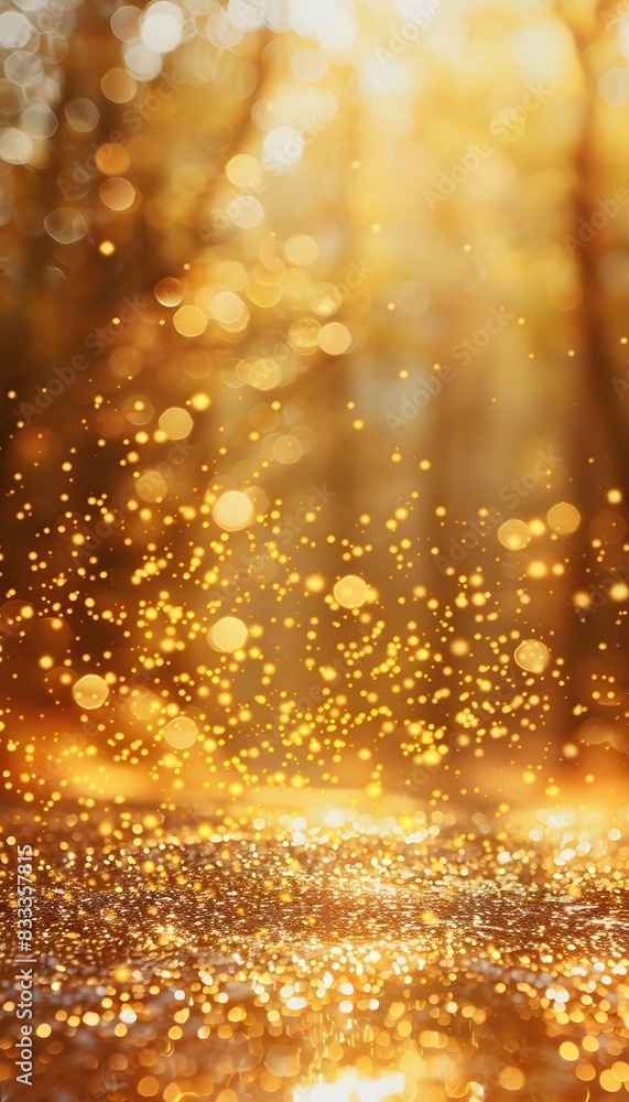 gold glitter, sparkling and shining with a bokeh effect blurred forest in the background gold glitter, sparkling and shining with a bokeh effect blurred forest in the background