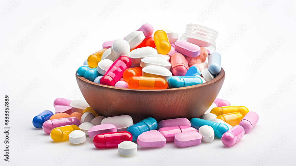 Multi-colored tablets, capsules and vitamins in a jar on a white background in a shopping cart. Multi-colored tablets, capsules and vitamins in a jar on a white background in a shopping cart.