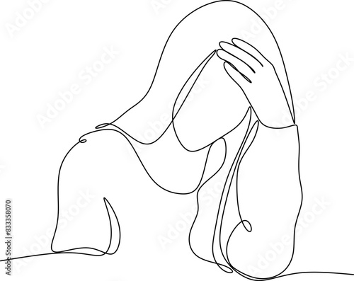 Continuous line drawings of a young woman feeling sad, tired and worried about mental health depression. problems, failures and broken heart concepts isolated on white background. 