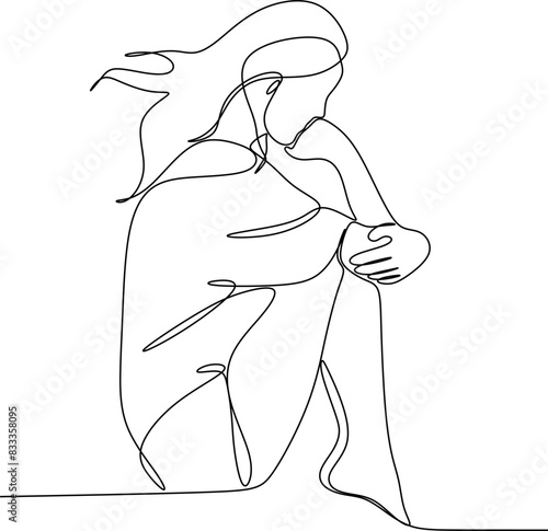 Continuous line drawings of a young woman feeling sad, tired and worried about mental health depression. problems, failures and broken heart concepts isolated on white background. 
