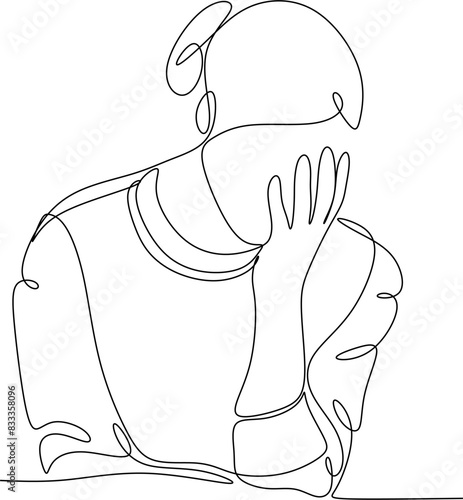 Continuous line drawings of a young woman feeling sad, tired and worried about mental health depression. problems, failures and broken heart concepts isolated on white background. 