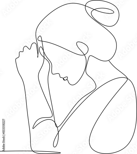 Continuous line drawings of a young woman feeling sad, tired and worried about mental health depression. problems, failures and broken heart concepts isolated on white background. 