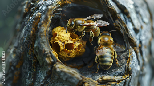 photo of sweet honey bee nest on wood realistic