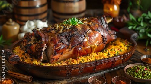 Colombian lechona, roasted pig stuffed with rice and peas, served on a festive table with a Colombian countryside backdrop