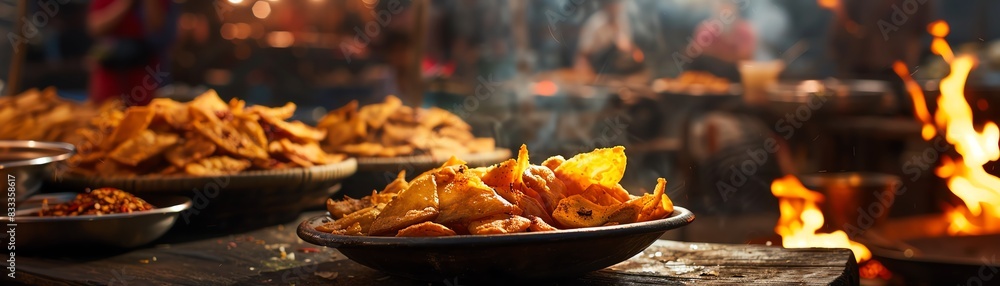 Crispy fried taro, sweet and savory, served on a rustic plate with a bustling night market background Crispy fried taro, sweet and savory, served on a rustic plate with a bustling night market background