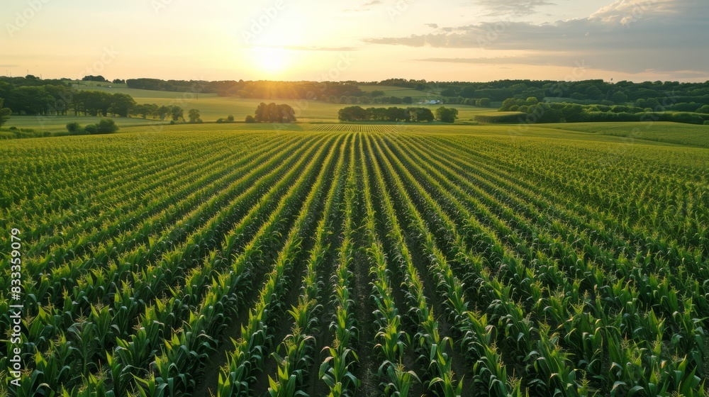 Aerial view of a vast green field of crops at sunset. Rows of plants stretch towards the horizon. Aerial view of a vast green field of crops at sunset. Rows of plants stretch towards the horizon.