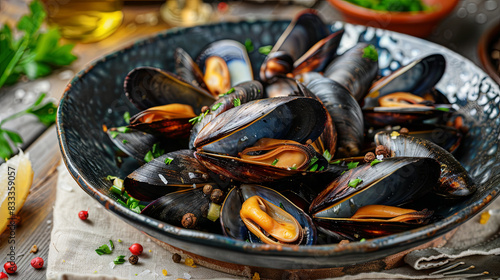 Delicious seafood in the form of mussels in a bowl