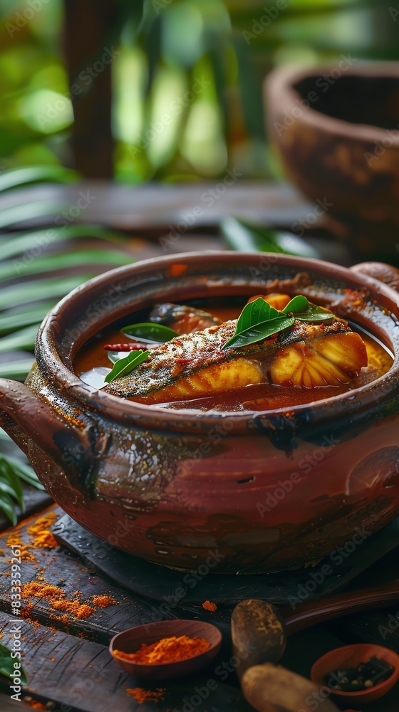 Fish curry, spicy fish curry with tamarind, served in a traditional clay pot with a coastal Kerala backdrop Fish curry, spicy fish curry with tamarind, served in a traditional clay pot with a coastal Kerala backdrop