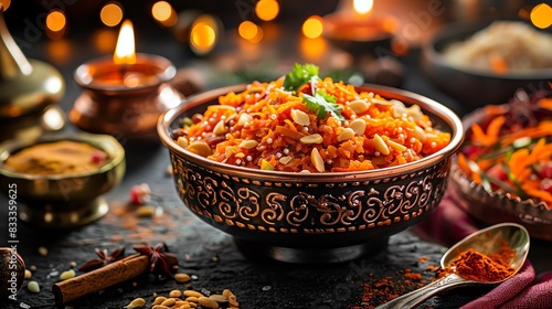 Gajar ka halwa, carrot pudding with nuts, served in a decorative bowl with a festive Indian dessert spread backdrop photo