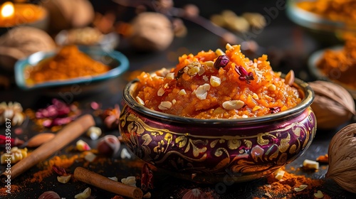 Gajar ka halwa, carrot pudding with nuts, served in a decorative bowl with a festive Indian dessert spread backdrop