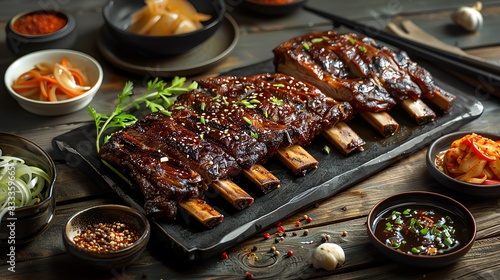 Galbi, marinated beef short ribs, grilled and served with side dishes on a traditional Korean barbecue table