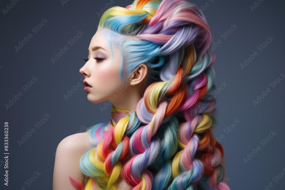 Naklejka premium Profile portrait of a woman with elaborate rainbow-colored braided hairstyle