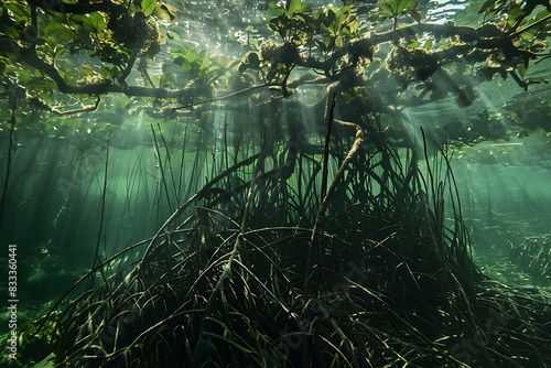 A dense mangrove forest  roots intertwined and submerged in water