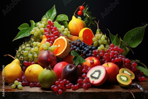 Vibrant still life photo of mixed fruits with lush leaves  perfect for healthy eating concepts