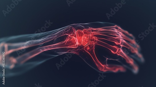 An x-ray of a hand showing the bones and tendons.