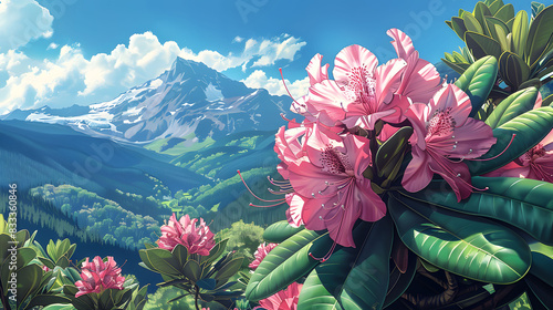 Mountain Landscape with Pink Rhododendrons.