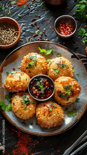Kachori, crispy pastries filled with spiced lentils, served with tamarind chutney on a vibrant plate with a festive Indian market backdrop