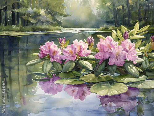 Watercolor illustration of pink rhododendrons reflecting on serene lake.