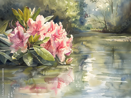 Watercolor illustration of pink rhododendrons blooming by tranquil lake