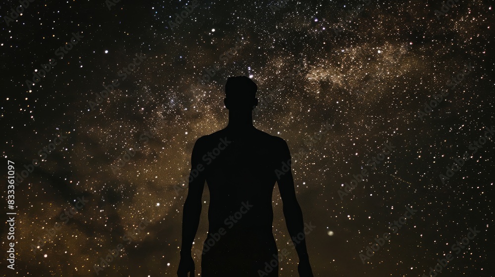 A man s outline set against the backdrop of the Milky Way galaxy A man s outline set against the backdrop of the Milky Way galaxy