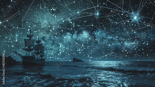 The intricate pattern of constellations in the night sky guided sailors across the open sea, navigating by the light of the stars. photo