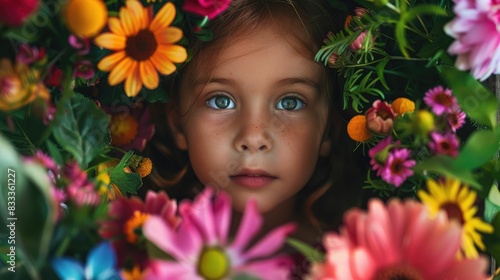 A girl with blue eyes framed by a vibrant wreath of summer flowers. AIG50