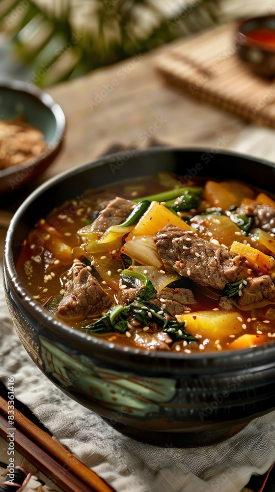 Korean beef and vegetable soup Seolleongtang, served in a traditional bowl with a serene Korean temple backdrop Korean beef and vegetable soup Seolleongtang, served in a traditional bowl with a serene Korean temple backdrop