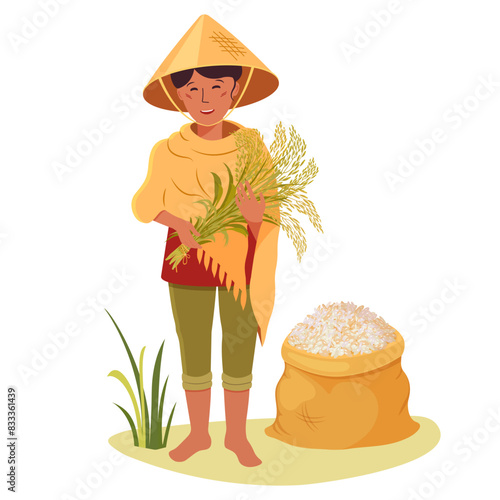 Vietnamese woman farmer. Rice harvest. Asian woman with bunch of rice ears and full sack of grain