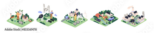 Solar energy concept set. Sun power panels, cells, renewable resources for house, industry, satellite, electric car. Eco green electricity. Flat vector illustrations isolated on white background