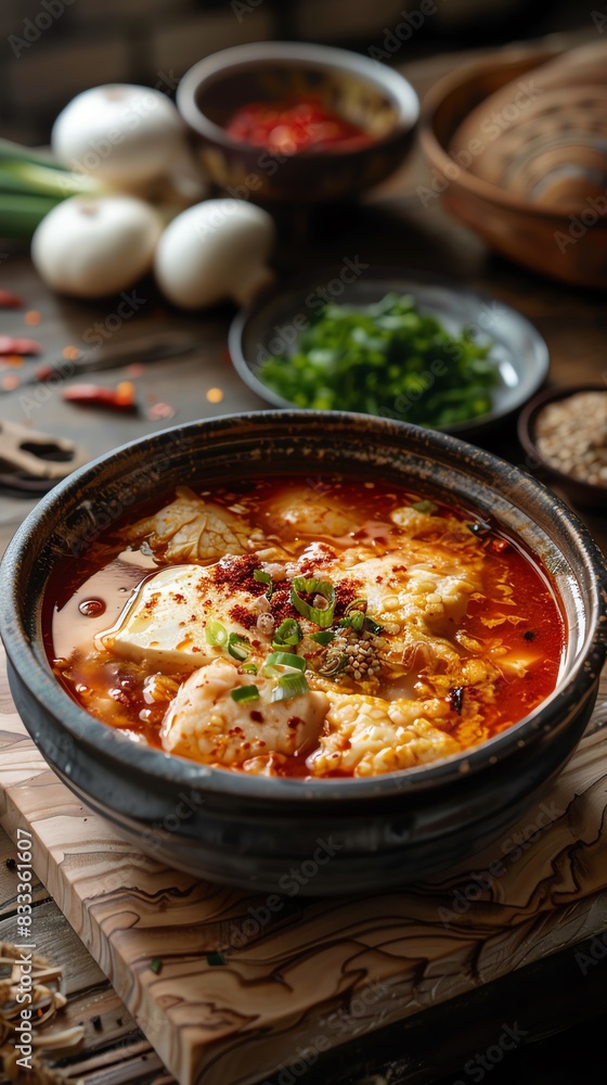 Korean fish cake soup Eomukguk, served in a rustic bowl with a bustling street food market background Korean fish cake soup Eomukguk, served in a rustic bowl with a bustling street food market background