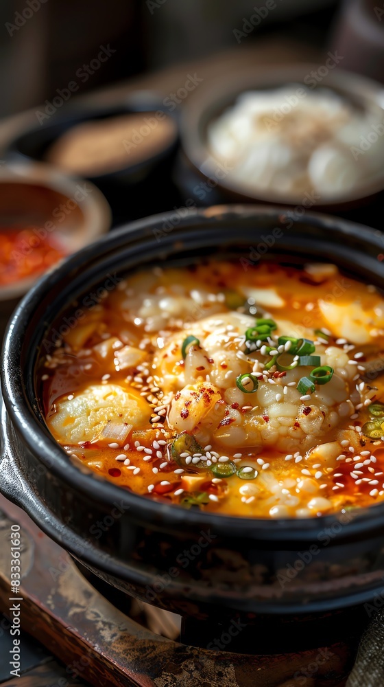 Korean fish cake soup Eomukguk, served in a rustic bowl with a bustling street food market background