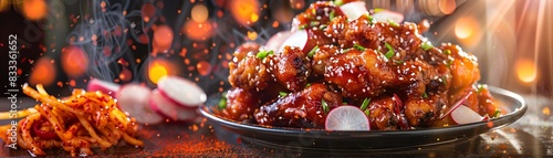 Korean fried chicken wings, coated in a spicy gochujang sauce, served with pickled radishes and a side of kimchi, against a backdrop of a bustling Korean street food market photo