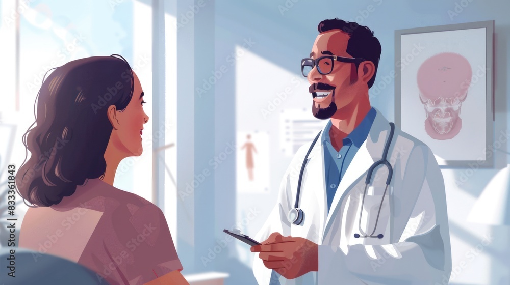 A doctor discussing treatment options with a smiling patient in a clinical environment free from clutter and distractions A doctor discussing treatment options with a smiling patient in a clinical environment free from clutter and distractions