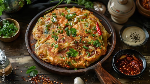 Korean seafood pancake Haemul Pajeon, served with a soy dipping sauce on a rustic wooden board with a lively street market scene