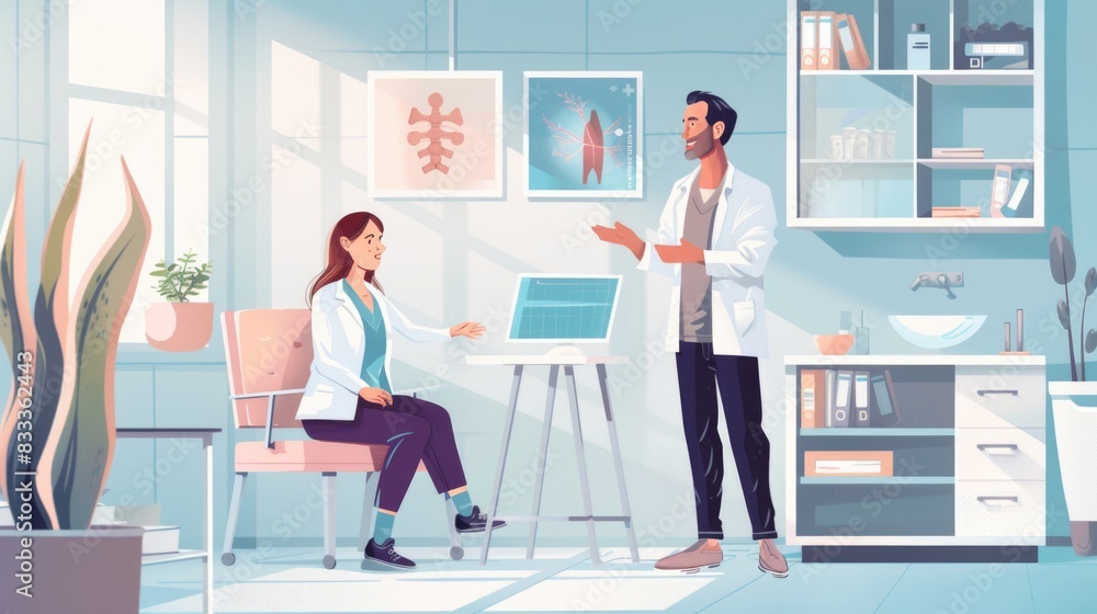 A happy patient nodding in agreement as the doctor explains a diagnosis in a clean and well-lit examination room A happy patient nodding in agreement as the doctor explains a diagnosis in a clean and well-lit examination room