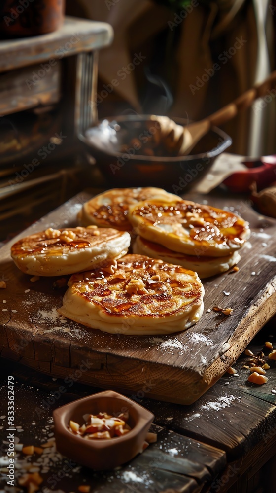 Korean sweet pancakes Hotteok, filled with brown sugar and nuts, served on a rustic wooden board with a bustling market background Korean sweet pancakes Hotteok, filled with brown sugar and nuts, served on a rustic wooden board with a bustling market background