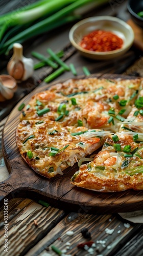 Korean style pizza Pajeon, green onion pancake with seafood, served on a wooden board with a vibrant market backdrop
