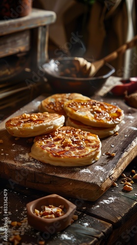 Korean sweet pancakes Hotteok, filled with brown sugar and nuts, served on a rustic wooden board with a bustling market background