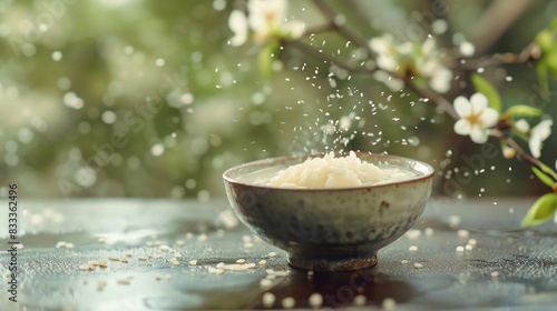 Korean sweet rice drink Sikhye, served in a traditional bowl with a serene Korean garden backdrop photo