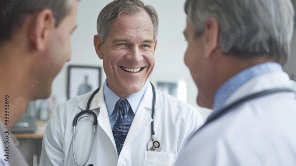 A doctor providing compassionate care to a smiling patient in a clinical environment free from clutter A doctor providing compassionate care to a smiling patient in a clinical environment free from clutter