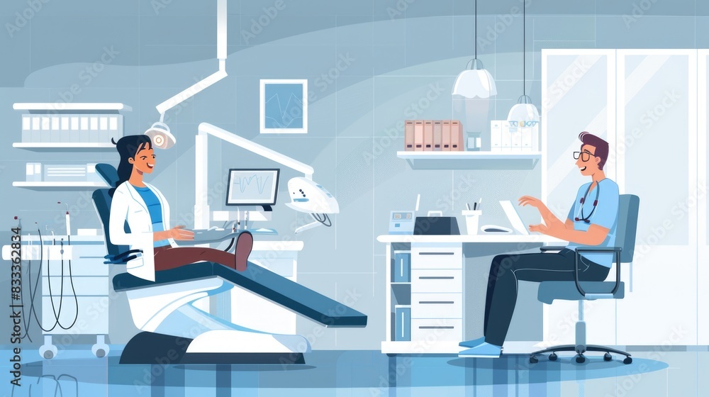 A doctor using medical equipment to examine a smiling patient in a clean and sterile clinic A doctor using medical equipment to examine a smiling patient in a clean and sterile clinic