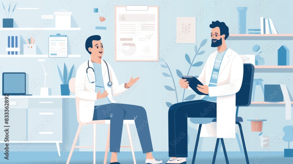 A happy patient receiving reassurance and support from the doctor during a medical examination in a calm and clean clinic A happy patient receiving reassurance and support from the doctor during a medical examination in a calm and clean clinic