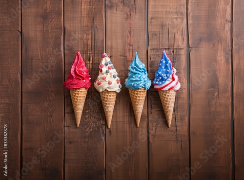 Imagen of four ice cream cones decorated in red, white, and blue, perfect for the Fourth of July celebrations. 