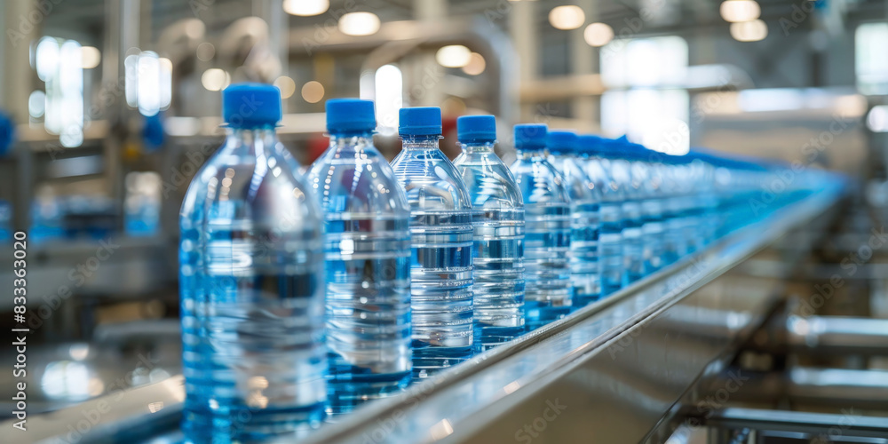 Bottles of water on a conveyor belt in a modern bottling plant with advanced machinery and bright industrial lighting, showcasing efficient production Bottles of water on a conveyor belt in a modern bottling plant with advanced machinery and bright industrial lighting, showcasing efficient production