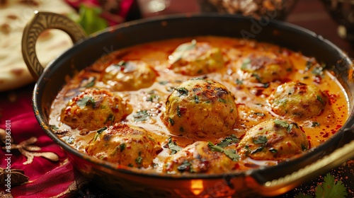 Malai kofta, creamy vegetable and paneer dumplings, served in a rich tomato sauce with a festive Indian celebration backdrop photo