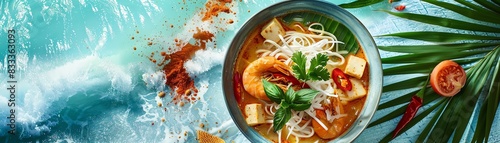 Malaysian laksa with spicy coconut broth, shrimp, tofu, and rice noodles, served in a large bowl with a backdrop of a tropical Malaysian beach photo