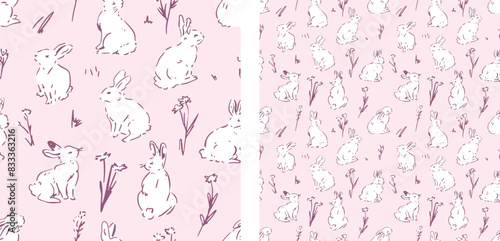 Cute Bunny Rabbit Pink Pastel Nursery Decor Hand-Drawn Floral Animal Illustration Vector Seamless Pattern